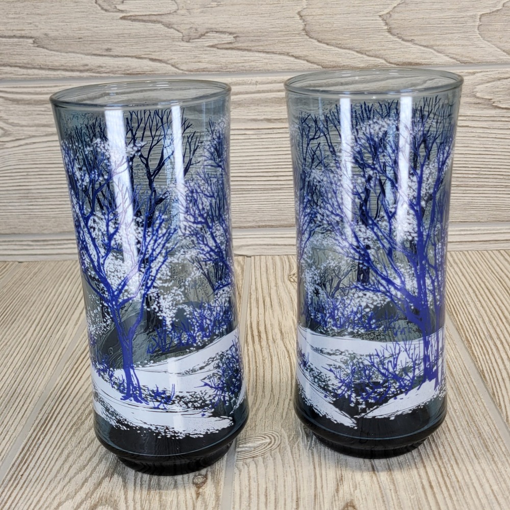 Set of 2‎ Libbey D Cheviot Tumbler Glasses Winter Scene Blue Trees Snow Path Vtg